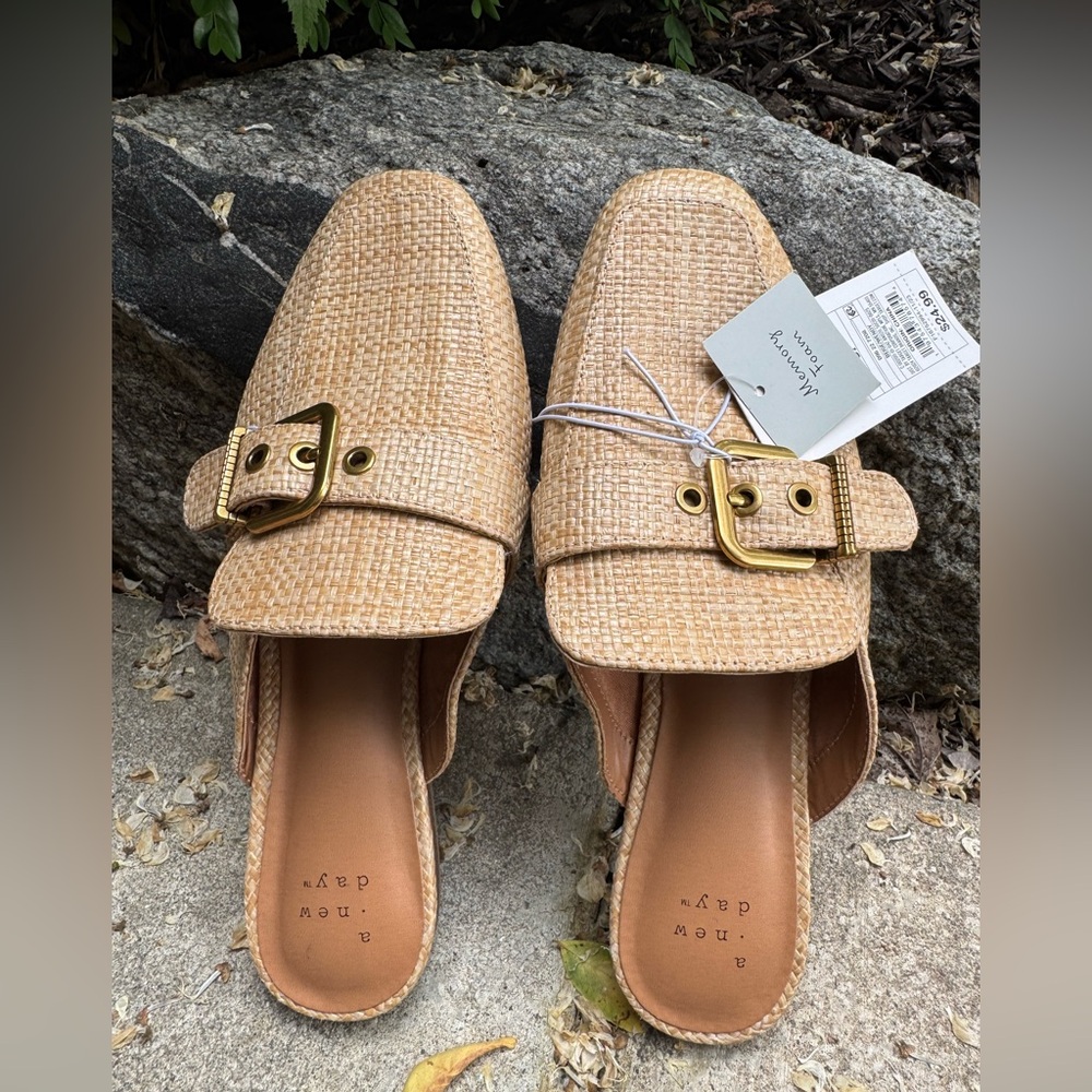 A New Day Women's Tan Woven Buckle Mules